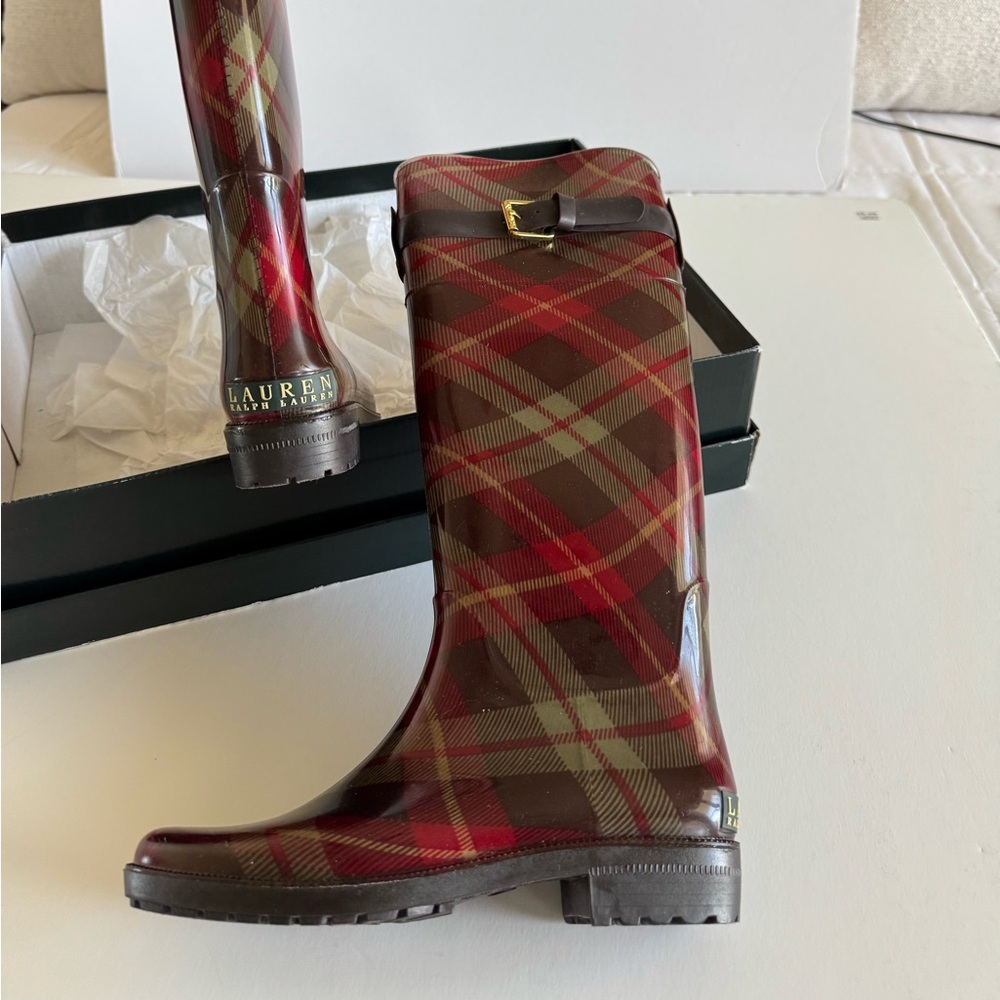 Ralph Lauren Rosalyn Rain Boots 6 plaid (sage & Burgundy) NWOT in box - Picture 10 of 10